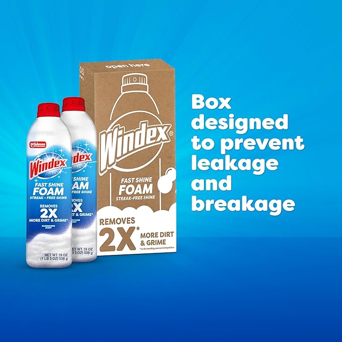 Windex Fast Shine Foam Glass Cleaner, No-Drip Aerosol Cleaning Spray, 19 oz, Pack of 2