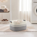 45L Small Laundry Basket with Leather Handles for Living Room Storage, Woven Rope Baskets Bin for Blanket, Kids Toy, Gifts, Wicker Hamper for Bedroom Dirty Clothes, 18"x14"x11" White Grey