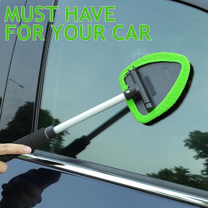 TAKAVU Car Window Cleaning Tool, Windshield Wiper Cleaner with Extendable Long-Reach Handle, 3 Washable Reusable Microfiber Bonnets, Car & Home Inside Interior Exterior Use - Lint Free (Green)