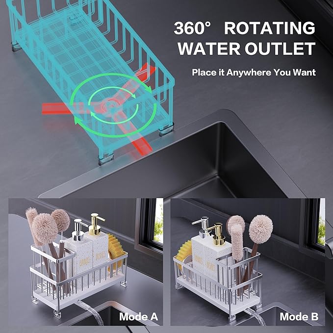 Cisily Dish Soap Dispenser, 12 fl oz Kitchen Soap Dispensers with Sponge Holder, Stainless Steel Pump Glass Kitchen Soap Dispenser Set, Hand and Dish Soap Bottle Set, Kitchen Decor Accessories