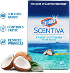 Clorox Scentiva Fabric Softening Dryer Sheets, 105 Sheets per Pack, Pacific Breeze & Coconut Scent | Bleach-Free Fabric Softener Sheets for Static Control and Reduce Wrinkles (6 Pack)