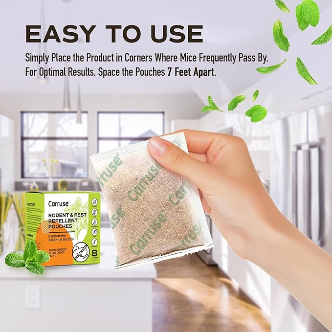 Peppermint Oil Mouse Repellent Pouches - 35% Mint & 5% Cinnamon - Natural Effective Rodent Deterrent for House, RV, Car Engines, Garage & Attic - Long Lasting, Pet & Kids Safe (8 Pack)