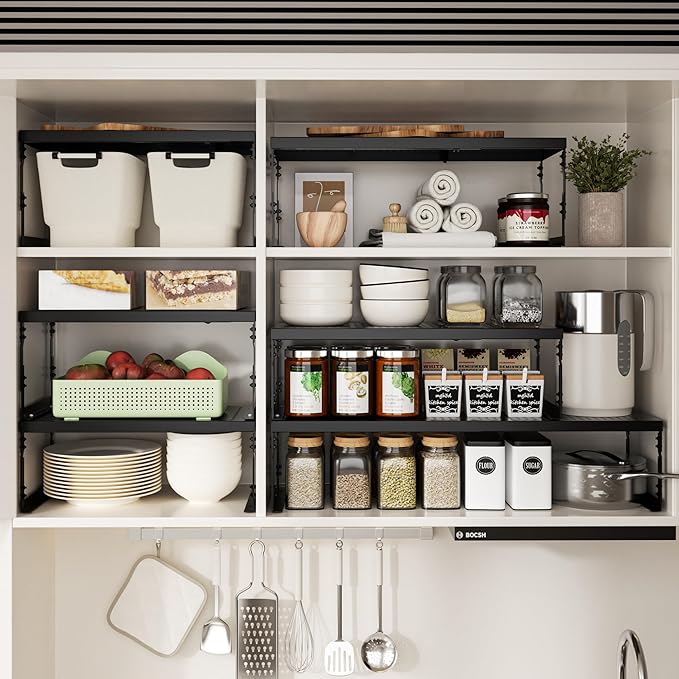 Jojocross Adjustable Stackable Metal Storage Shelf Organizer - Expandable Wire Rack with Perforations for Kitchen, Pantry, Bathroom, Cabinet & Office-Compact, Durable & Sturdy (1PACK/Medium/Black)