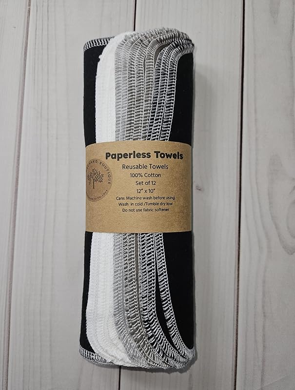 Paperless Towels, 12-12" X 10" Washable Paper Towels, Reusable Paper Towels, 100% Cotton (Grey Tones)