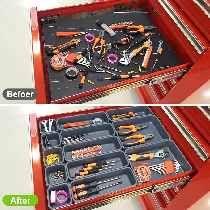 KeFanta 42 Pack Tool Box Organizer Tool Tray Dividers, Rolling Tool Chest Cart Cabinet Workbench Desk Drawer Organization and Storage for Hardware, Parts, Screws, Nuts, Small Tools Organization(Grey)