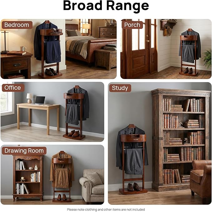 TFCFL Wooden Suit Rack with Drawer & Trouser Holder, Multi-functional Coat Stand for Hats/Scarves/Belts, Space-Saving Standing Suit Valet Stand for Home/Office, 22lbs Load Capacity (Brown)