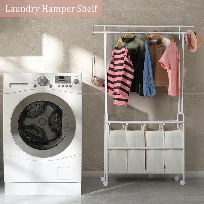 Laundry Sorter 4 Sections,Laundry Basket Organizer with Double Hanging Bars,Laundry Sorter Cart with Hanging Clothes Rack for Laundry Room for Bedroom Laundry Room Clothing Storage, White