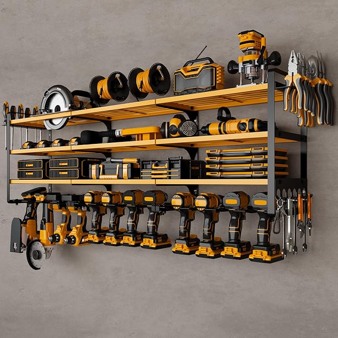 48" Large Power Tools Organizer Wall Mount,12 Drill Holder for Garage, Workshop Heavy Duty Storage Rack (Yellow)