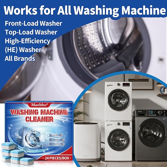 Washing Machine Cleaner Tablets 24 Pack - Deep Cleaning & Descaler for HE Front Load & Top Load Washers, Removes Odor, Residue & Pet Hair, Septic Safe, Eco-Friendly Deodorizer -1 Year Supply