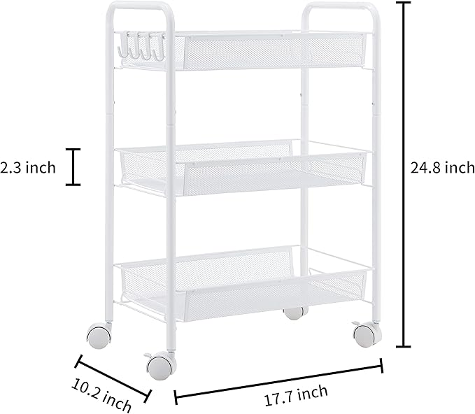 JANE EYRE 3-Tier Rolling Utility Storage Rack Cart on Wheels, Trolley Craft cart, Multi-Purpose Organizer Shelf, White