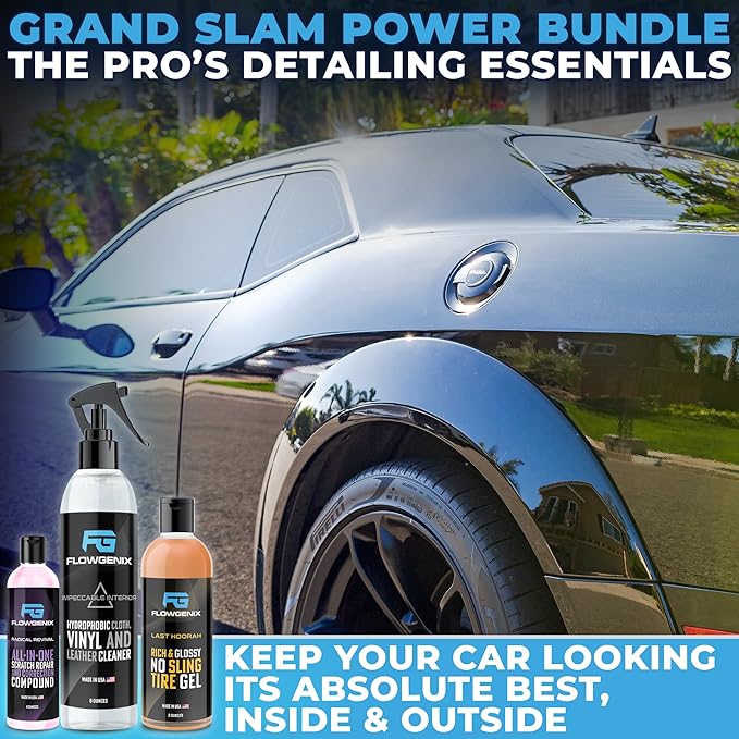 Grand Slam 3-Pack - Includes Tire Shine Gel (8oz), Car Scratch Remover (4oz), Water-Repellent Vinyl and Car Leather Protector (8oz), 2 Microfiber Towels