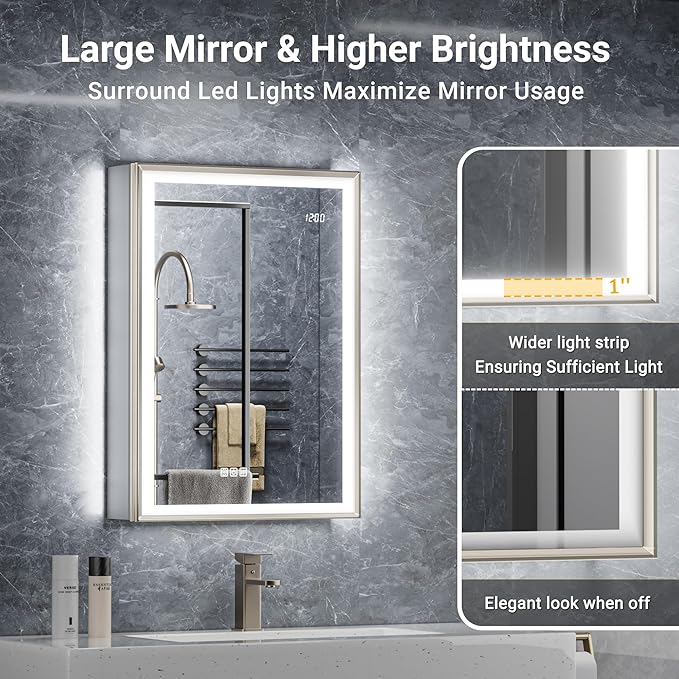 20x32 Lighted Medicine Cabinet, Beveled Brushed Nickel Framed Surface or Recessed Fogless Dimmable LED Medicine Cabinet with Mirror, Outlet, Time Display and Sensor Inner Light(Right Hinge)