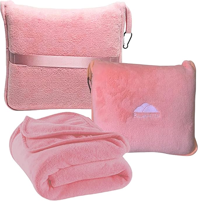 BlueHills Premium Soft Travel Blanket Pillow Airplane Blanket in Soft Bag case with Hand Luggage Belt and Carabiner Compact Pack Large Cozy Portable for Plane Car Train Transit Light Pink T020