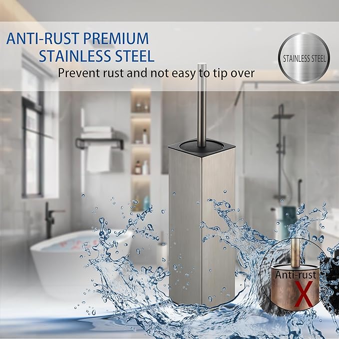 BGL Square Toilet Brush with Holder,Stainless Steel Rubber Painted Toilet Bowl Brush and Holder for Bathroom,2 Cleaner Brush Heads,Brushed Nickel