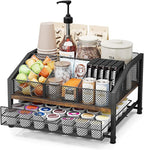 Homsorout Coffee Bar Organizer - Coffee Station for Countertop, Metal and Wood K Cup holder Storage Basket with Drawer for Syrup, Cups, Stirrer, Condiment, Tea Organizer, Brown