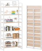 4NM No-Assembly 6 Tiers Folding Bookshelf Storage Shelves Vintage Bookcase Standing Racks Study Organizer Home Office (Natural White)