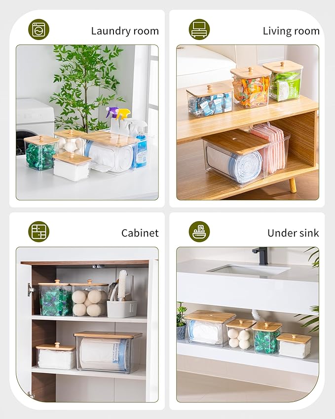 Trash Bag Dispenser Dishwasher Pod Holder - 5 in 1 Plastic Garbage Bag Under Sink Organizer, Acrylic Dryer Sheet Balls Laundry Pods Container with Bamboo Lid, Pantry Organizers and Storage Box