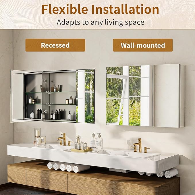 BEAUTYPEAK Bathroom Medicine Cabinet Mirror with Storage, 36 Inch x 26 Inch Silver Medicine Cabinet with Double Door & Adjustable Shelves for Vanity, Tempered, Aluminum Surface, Wall-mount or Recessed