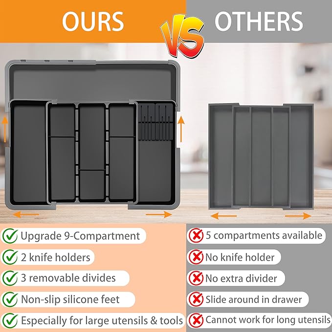 Large Utensil Drawer Organizer for Kitchen, Expandable Silverware Organizer Utensil Holder, Cutlery and Flatware Cooking Tray, Kitchen Drawer Organizers and Storage with Removable Knife Block, Black