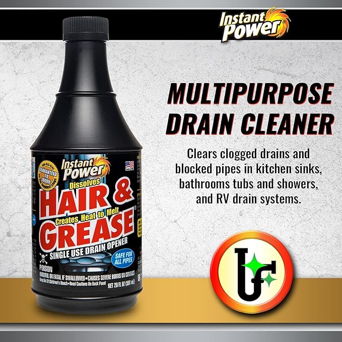 Instant Power Hair and Grease Drain Opener – Multipurpose Liquid Drain Cleaner and Clog Remover, Odorless, Ready to Use, 20 Oz, 6 Pack