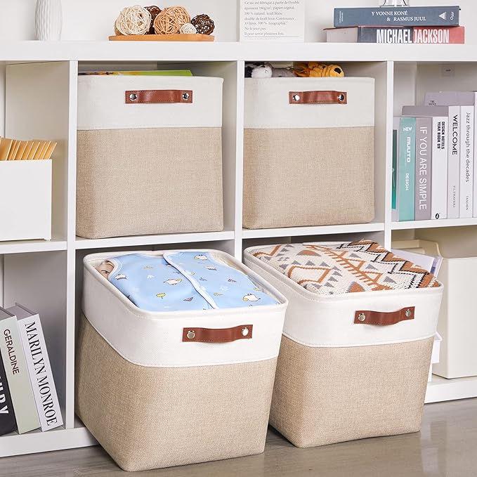 HNZIGE Foldable Storage Baskets(4 Pack) Cube Storage Baskets for Shelves,Storage Cubes for Organizing Closet,12x12 Baskets for Cube Storage,Home Organization with Handles(White&Beige)