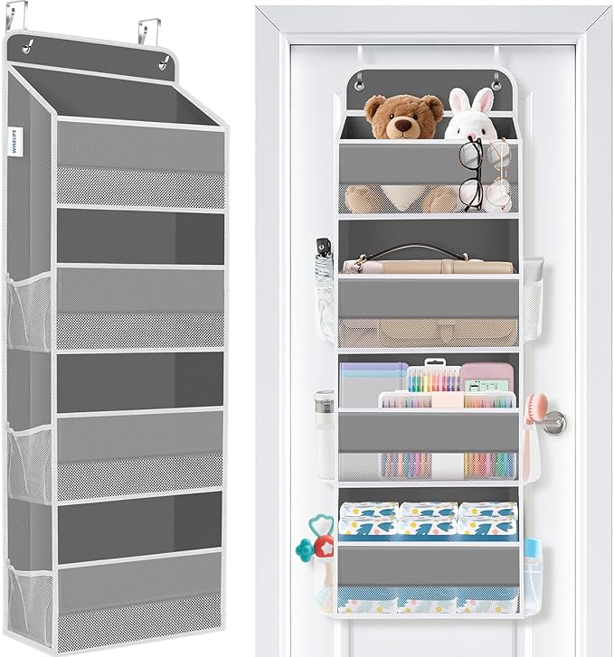 WISELIFE Over the Door Organizer - 4 Shelves Large Capacity Hanging Bedroom Storage Solution with 6 Side Pockets for Dorm Bathroom Pantry Nursery and Baby Essentials Holds up to 40 lbs (Grey)