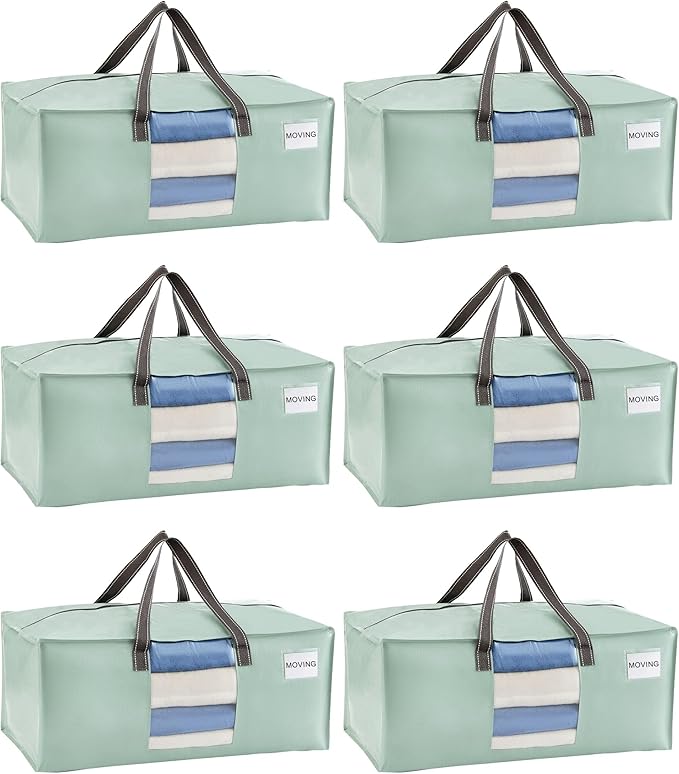 VENO 6 Pack Moving Bags for College, Heavy-Duty Storage Totes, Moving Boxes and Wardrobe Packing Supplies Alternative - Extra Large Durable Laundry Bags for Clothes (Shiny Light Green, 6 Pack)