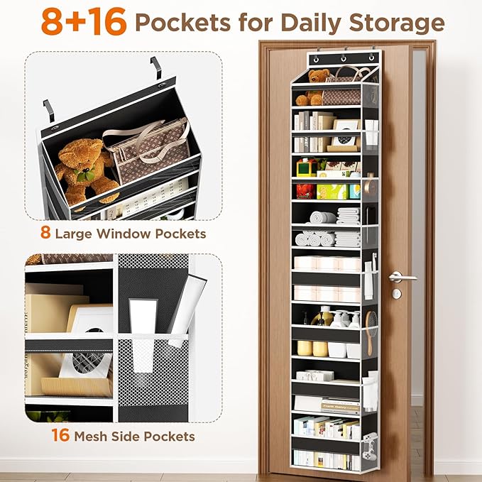 Over The Door Organizer, 8 Shelf Door Hanging Organizers with 8 Large Capacity Pockets, Back of Door Organizer Storage Hanging Shelves for Closet Bathroom Bedroom Nursery