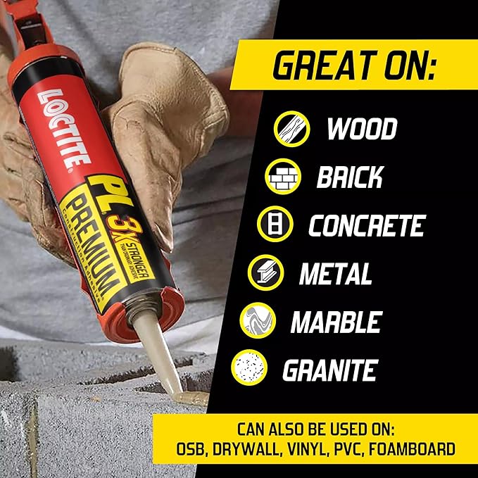 Loctite PL Premium Polyurethane Construction Adhesive, 10 fl oz Cartridge, 1 Pack - Versatile Construction Glue for Wood, Concrete, Stone, Metal & More