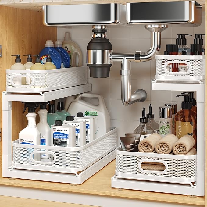 2-Pack Under Sink Storage Organizer with 2-Tier Slide Out Drawer, Sophisticated Mesh Pull Out Shelf for Kitchen & Bathroom, Fits Small Items, Upgraded Arched Track for Smooth Gliding(Patented)