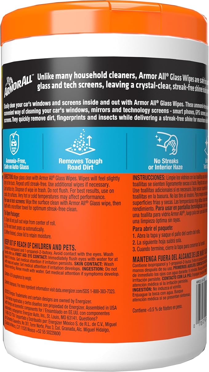 Armor All Car Glass Wipes by Armor All, Auto Glass Cleaner for Film and Grime, 90 Count