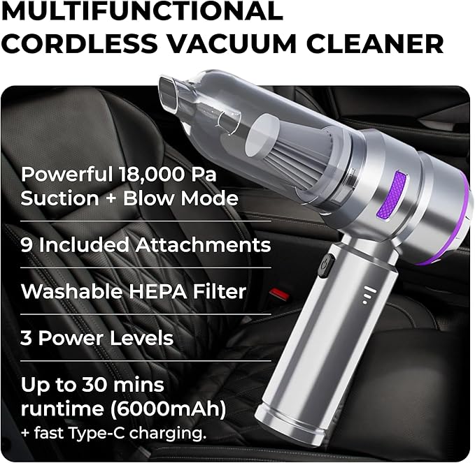 Cordless Handheld Vacuum & Air Duster – 4 in 1 Mini Portable 18000PA, Brushless Car Vacuum Cleaner, Blower & Inflator for Home, Office & Travel – Purple