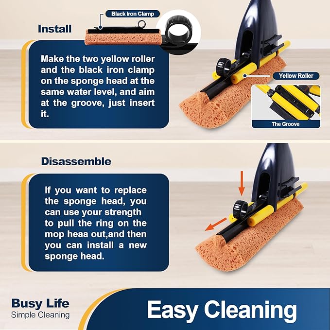 Yocada Sponge Mop Home Commercial Use Tile Floor Bathroom Garage Cleaning Total 3 Sponge Heads Squeegee and Extendable Telescopic Long Handle 42.5 to 52 Inches Easily Dry Wringing Only 3 Heads