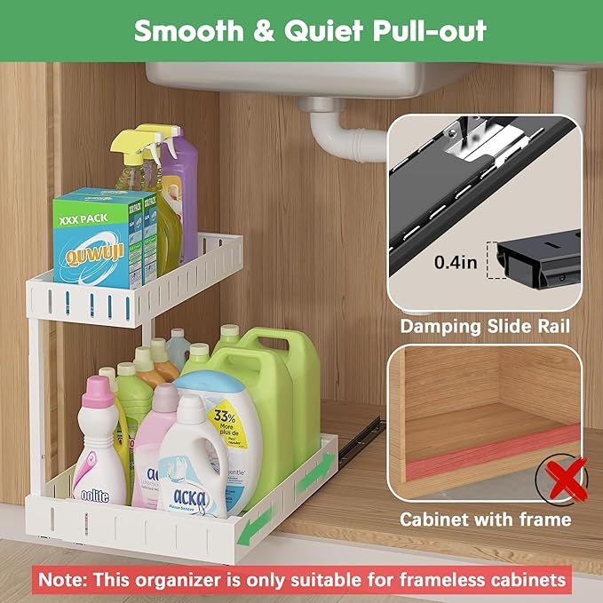 REALINN Under Sink Organizer, 2 Tier Expandable Under Cabinet Organizer, Heights Adjustable Pull Out Storage for Kitchen Bathroom Laundry, White, 1 Pack