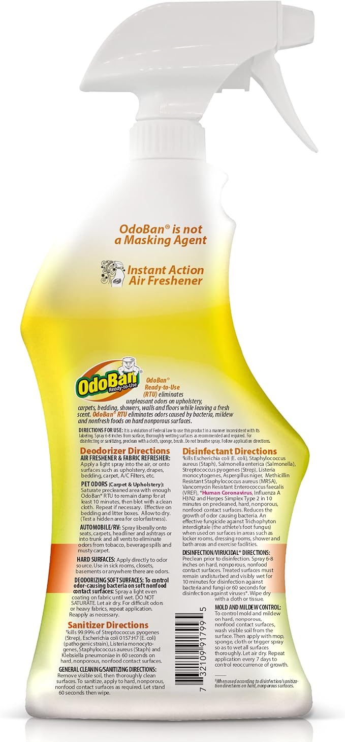 OdoBan Ready-to-Use Disinfectant and Odor Eliminator, Made in the USA, Citrus Scent, Set of 2, 32 oz Spray and 1 Gallon Concentrate