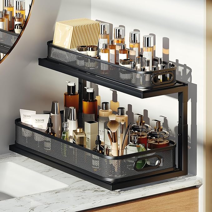 2-Pack 21.3 IN Depth Under Sink Organizer With Next-Gen Ball-Bearing Slides,Sophisticated Mesh 2-Tier Pull Out Shelf for Kitchen & Bathroom,Fits Small Items-Black