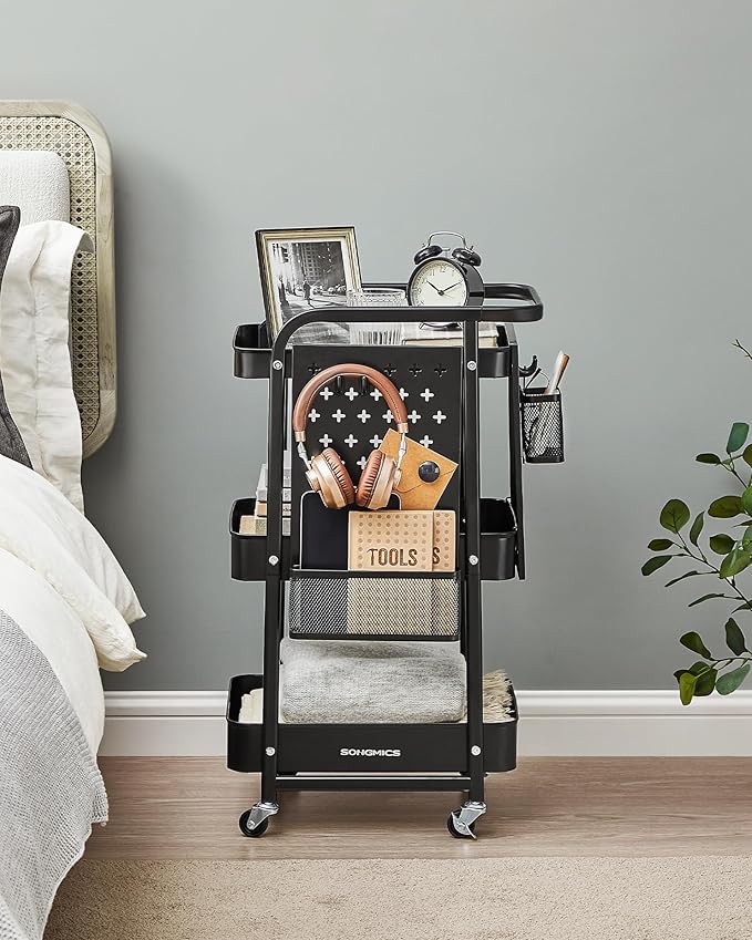 SONGMICS 3-Tier Storage Cart, Rolling Utility Cart, Metal Mesh Shelves, 2 Removable Pegboards, 2 Hanging Holders, 4 Hooks, Craft Cart for Living Room, Kitchen, Office, Bathroom, Ink Black ULRC037B01
