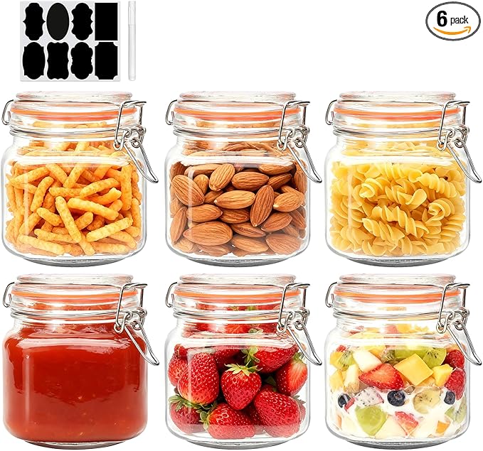 Encheng 25 oz Glass Jars With Airtight Lids And Leak Proof Rubber Gasket,Wide Mouth Mason Jars With Hinged Lids For Kitchen Canisters 750ml, Glass Storage Containers 6 Pack