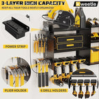 45" Power Tool Organizer Wall Mount with Charging Station - 3 Layer Storage Racks with 8 Cordless Drill Holder, 4 Hooks, Heavy Duty Garage Tool Organizer Storage for Workshop Shed Pegboard Basement