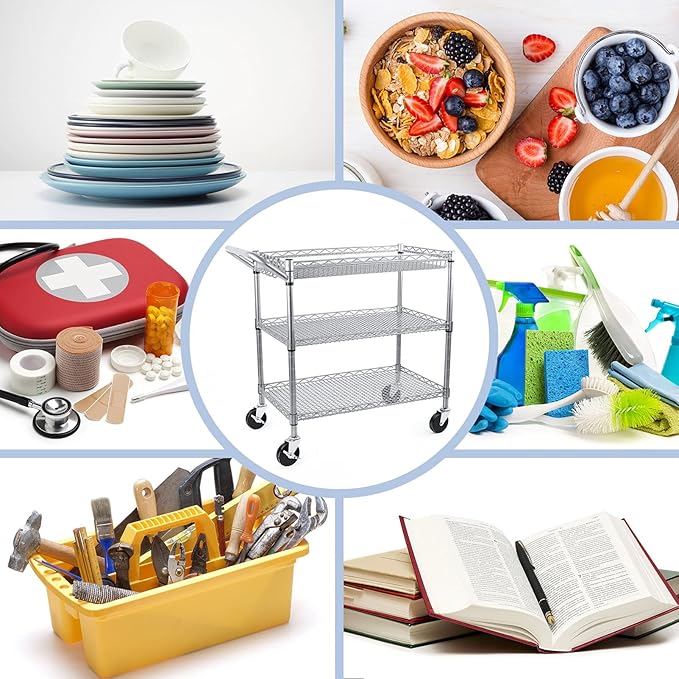 WDT Heavy Duty 3 Tier Utility Cart,990Lbs Capacity Wire Rolling Cart with Wheels, Commercial Grade Service Cart with Shelving Liners and Handle Bar Metal Carts for Kitchen Office Hardware, NSF Listed