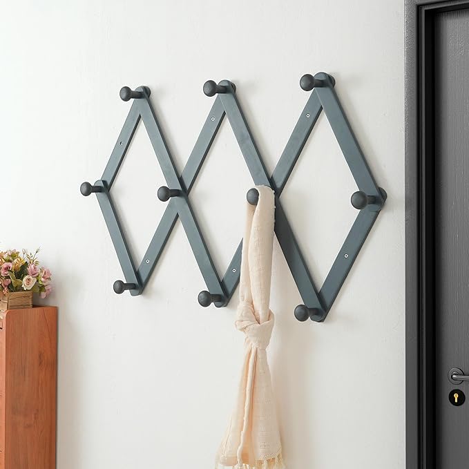 Dseap Expandable Coat Rack (Larger Version) - 24” High, Anti-Slip, Ultra Heavy Duty Wooden Accordian Wall Hanger with 10 Study Peg Hooks for Clothing Hats Jackets Bags, Grey