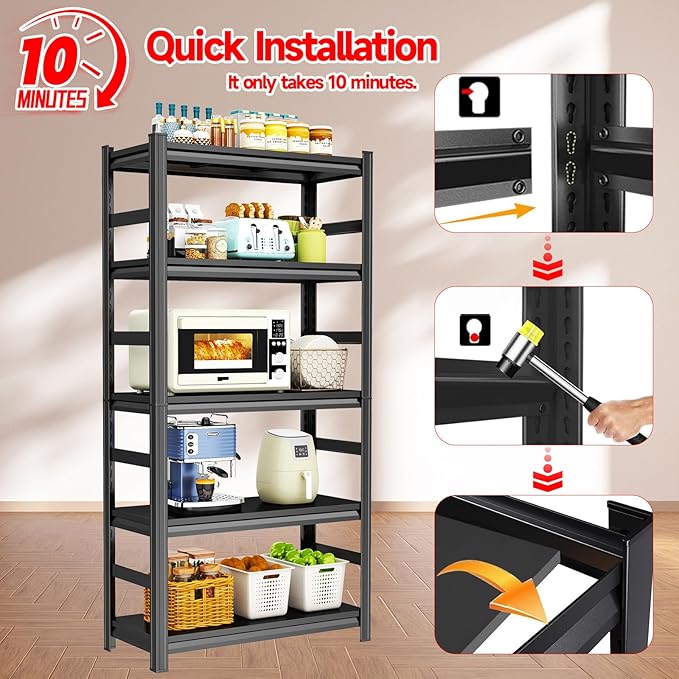 Kitchen Shelves Heavy Duty 5-Tier Storage Shelving, Adjustable Metal Pantry Shelf, 3000 LBS Capacity, Free Standing Kitchen Shelf Organizer, 72" H x 35.4" W x 15.8" D, Black