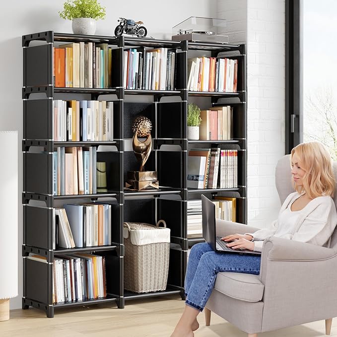 REIBII Book Shelf, 13 Cube Storage Organizer, DIY Tall Bookcase for Bedroom, Office, Living Room, 12" D x 47.24" W x 59.05" H, Black