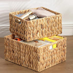 HOONEX Water Hyacinth Storage Baskets, Wicker Baskets for Organizing, Hand Woven Baskets with Carry Handles, Set of 2, Natural