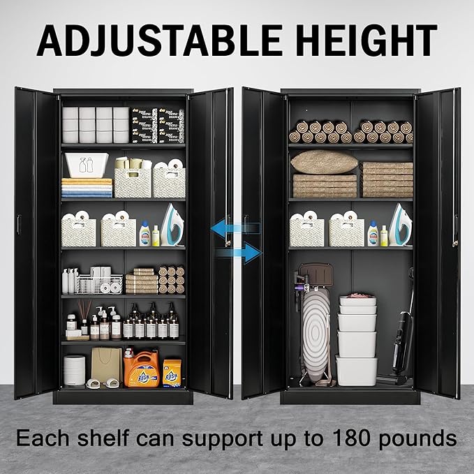 Metal Garage Storage Cabinets,71” Tall Metal File Cabinet with 5 Adjustable Shelves, Lockable Storage Cabinets for Office, Home, Garage, Warehouse 71" H x 31.5" W x 15.8" D (Black)