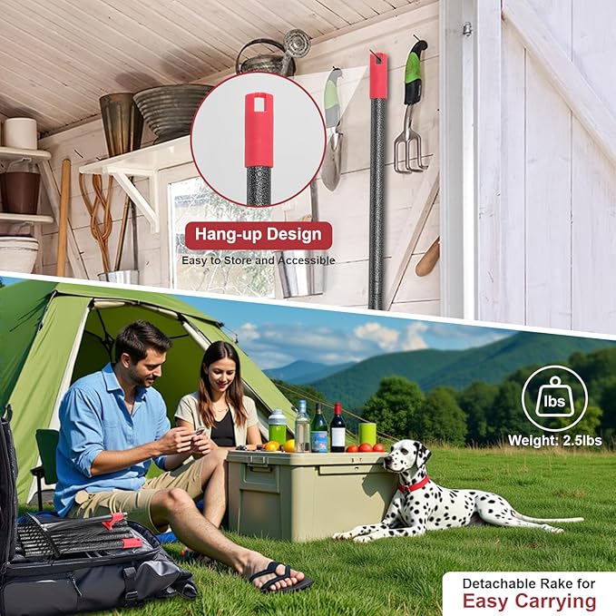 Garden Rake for Leaves: 70 Inch Adjustable Long Handle 18 Metal Tines with 8-17" Expandable Head Heavy Duty Metal Rake for Lawns Leaves Yard Grass Camping Debris