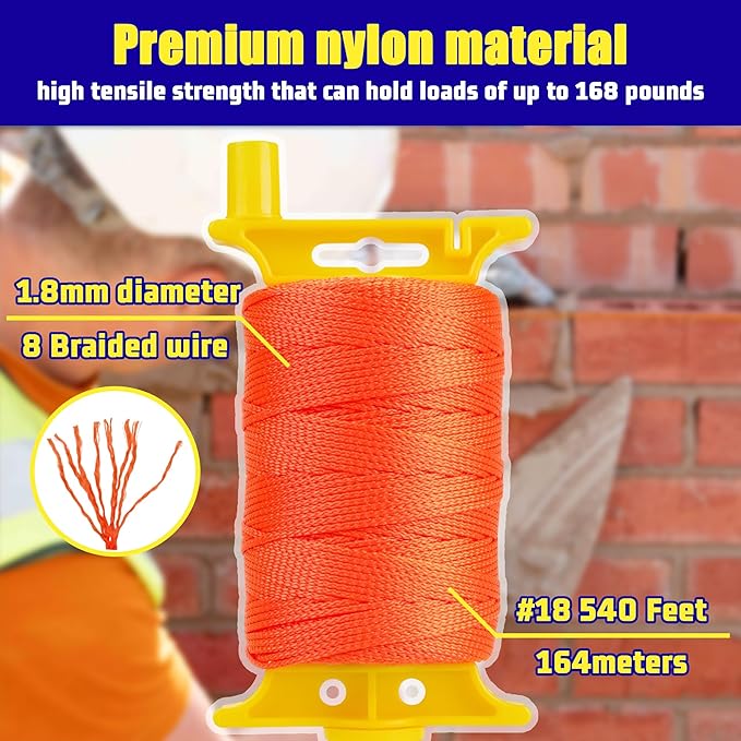 #18 Mason Line String, 540 Feet Braided Nylon Twine with 5 Built-in Levels, High-Visibility String Line for Construction, Gardening, DIY, and Outdoor Projects (Fluorescent Orange)