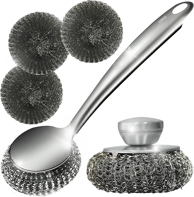 Steel Wool Scrubber Dish Brush Set with Handle, Deep Cleaning Scrubber Set, Silver