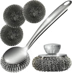 Steel Wool Scrubber Dish Brush Set with Handle, Deep Cleaning Scrubber Set, Silver