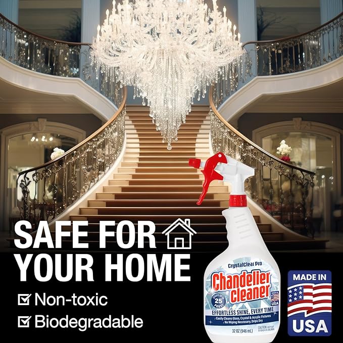 Chandelier Cleaner Drip Dry Spray - No Wipe Formula for Effortless, Streak-Free Shine on Crystal, Glass & Brass - Sprays up to 25 feet! Biodegradable, Non-Toxic & Time-Saving, 32 oz - Made in USA